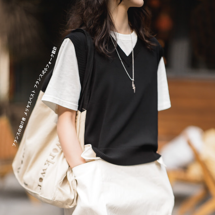 馬登女裝 法式休閒V領疊穿針織馬甲無袖露背系帶慵懶風坎肩上衣