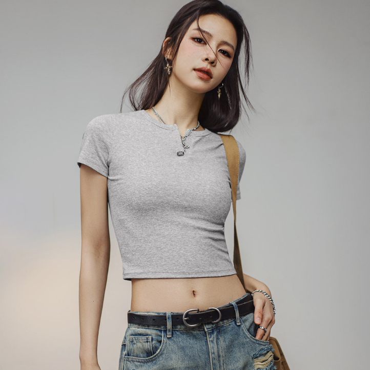 馬登女裝 美式亨利衫短袖正肩修身純棉T恤內搭打底衫短款辣妹上衣