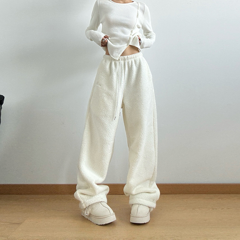搖粒絨褲子女冬季加絨加厚休閒保暖鬆緊腰抽繩長褲