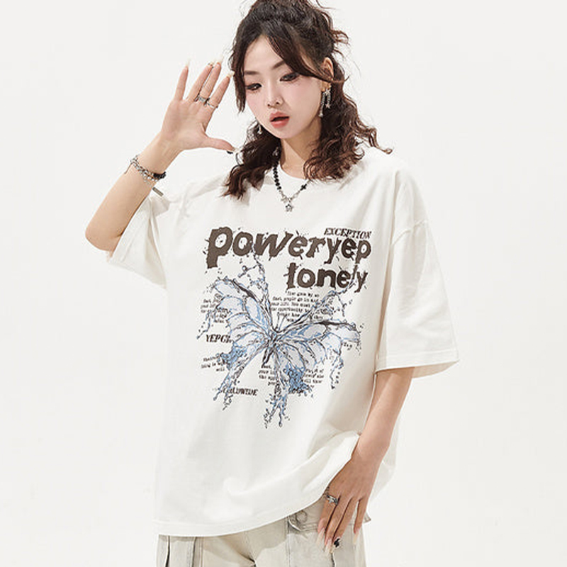 蝴蝶印花短袖T恤女復古潮牌寬鬆情侶裝上衣