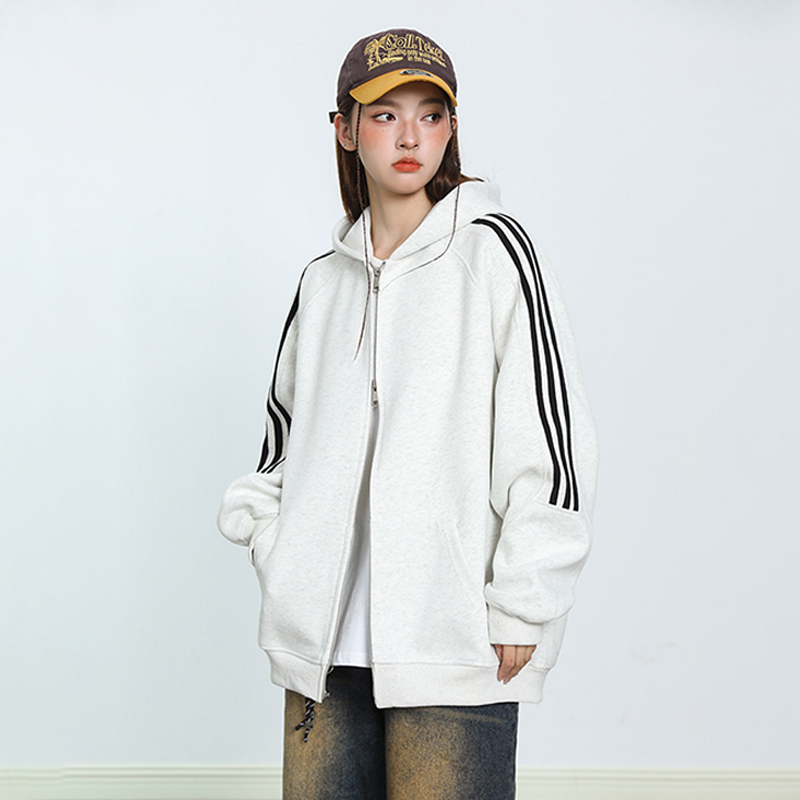 美式重磅潮牌三條槓條紋連帽衛衣外套春秋百搭休閒情侶套裝