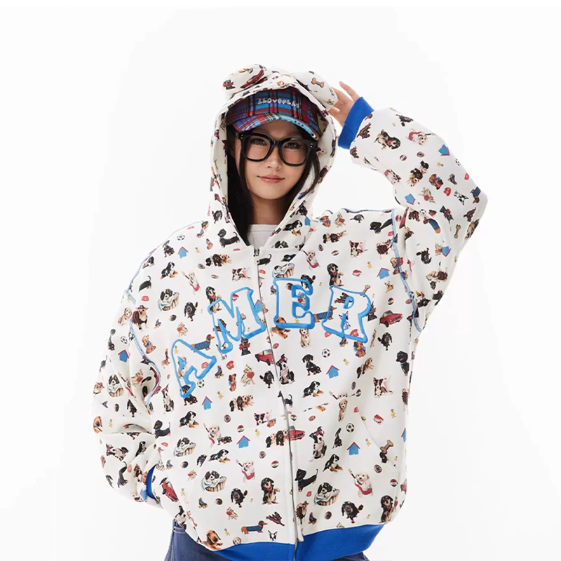 美式復古小狗滿印連帽衛衣外套字母刺繡小眾設計感開衫外套