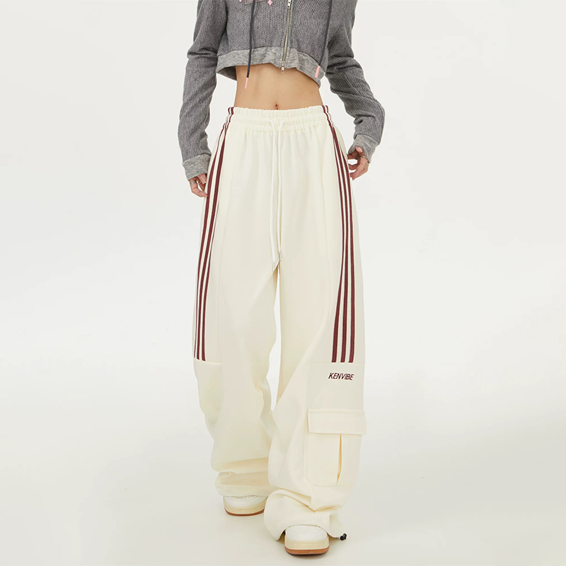 美式復古三條槓運動休閒褲寬鬆闊腿工裝褲情侶垂感直筒褲