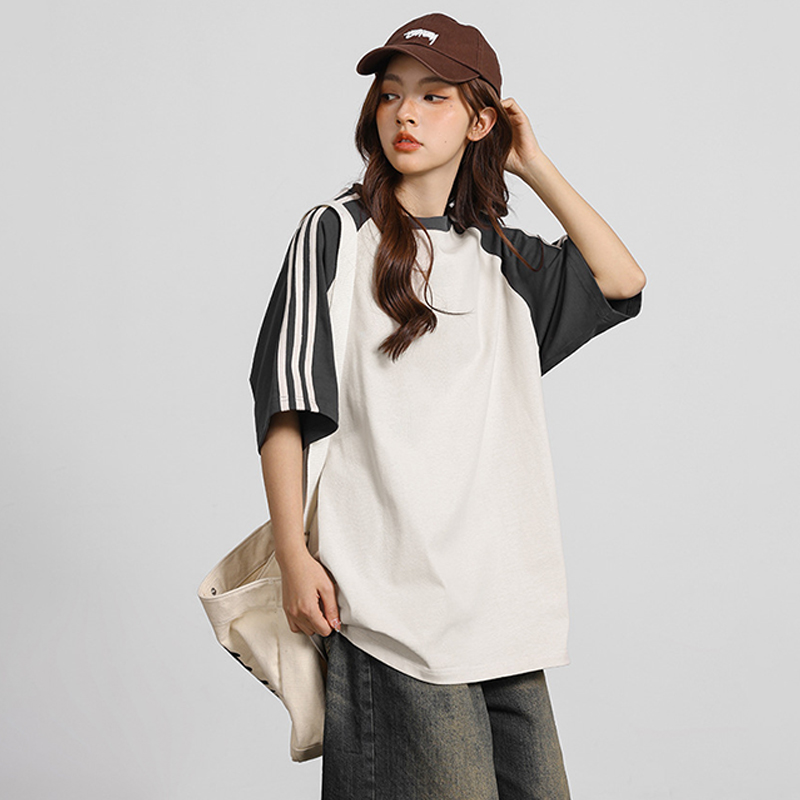 條紋拼接插肩短袖T卹女美式潮牌Oversize寬鬆情侶Tee