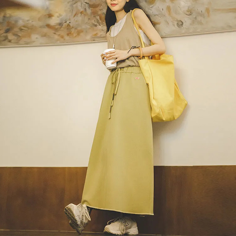 馬登女裝 復古抽繩高腰A字半身長裙休閒慵懶風衛衣裙