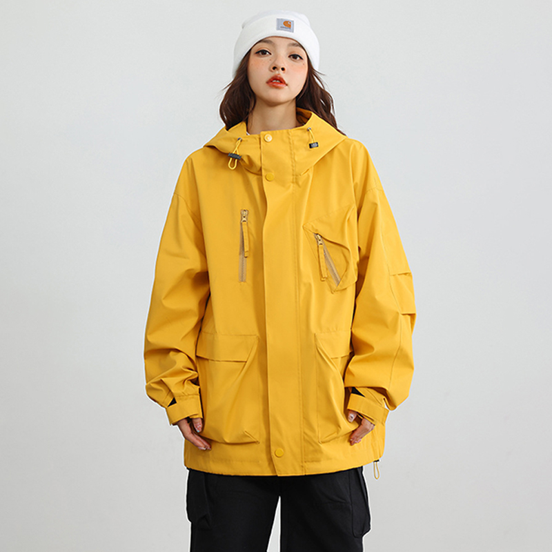 多口袋戶外衝鋒衣外套女純色連帽夾克高級感風衣情侶登山服
