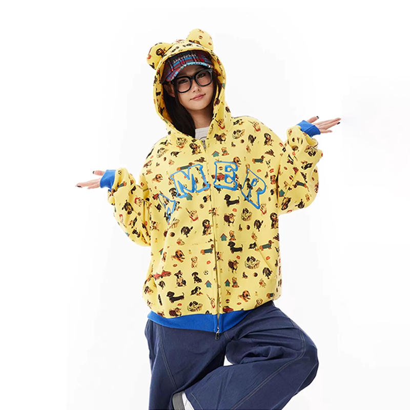 美式復古小狗滿印連帽衛衣外套字母刺繡小眾設計感開衫外套