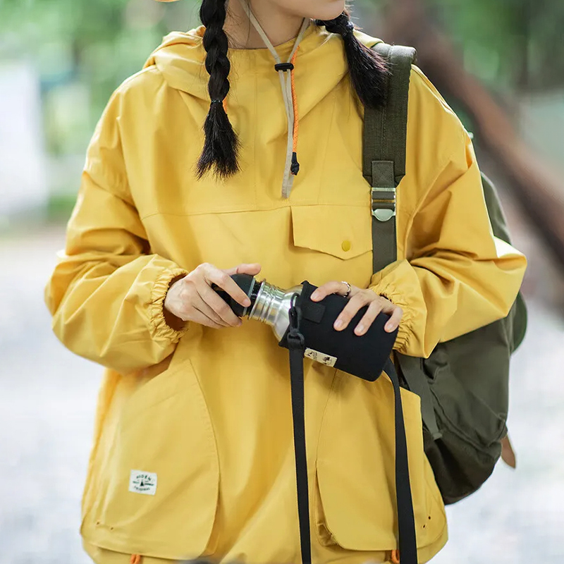 馬登女裝 山系戶外休閒多口袋連帽衝鋒衣防風套頭上衣美式夾克外套