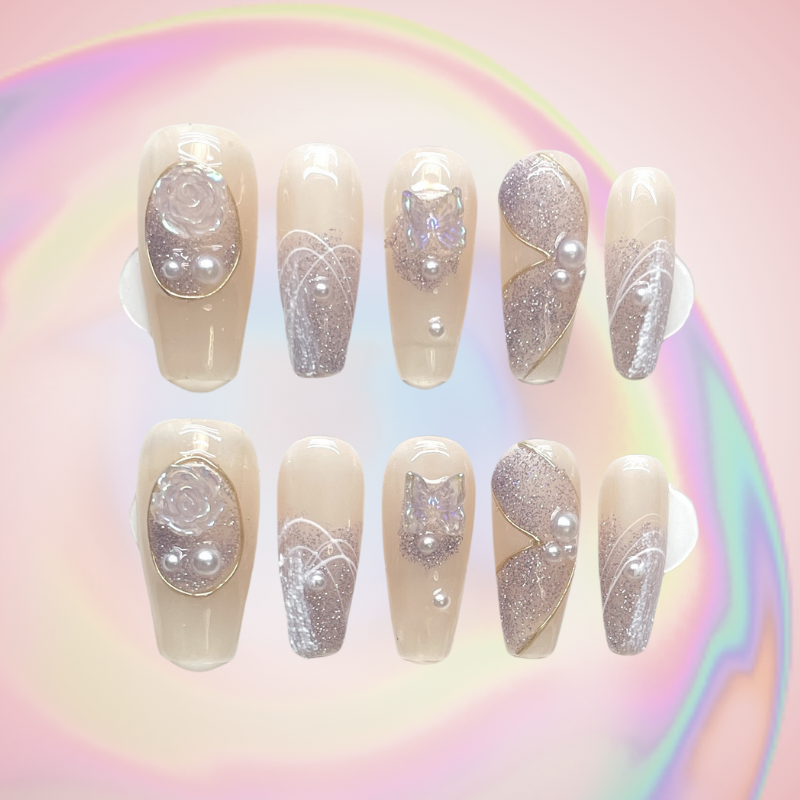 Ribbon Camellia (Handmade) / 10PCS Nail Set