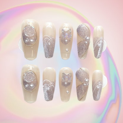 Ribbon Camellia (Handmade) / 10PCS Nail Set