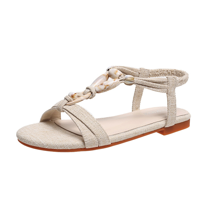 Bohemian T-Strap Flat Sandals with Seashell Accents
