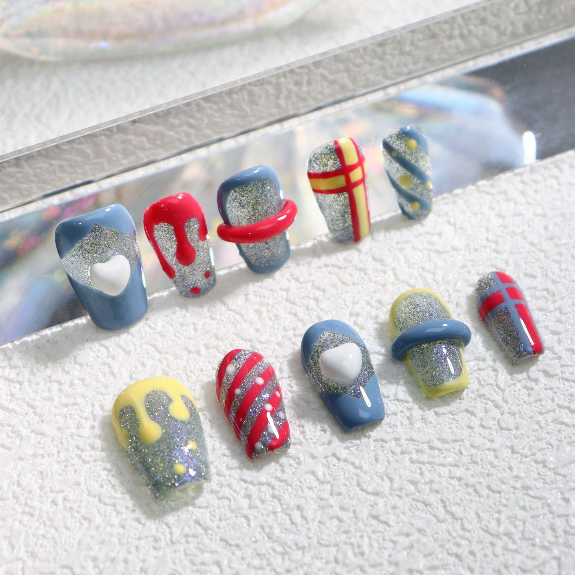 Cartoon creative cream ice cream nail art phototherapy detachable plaid fine glitter hand-wearing nails in stock