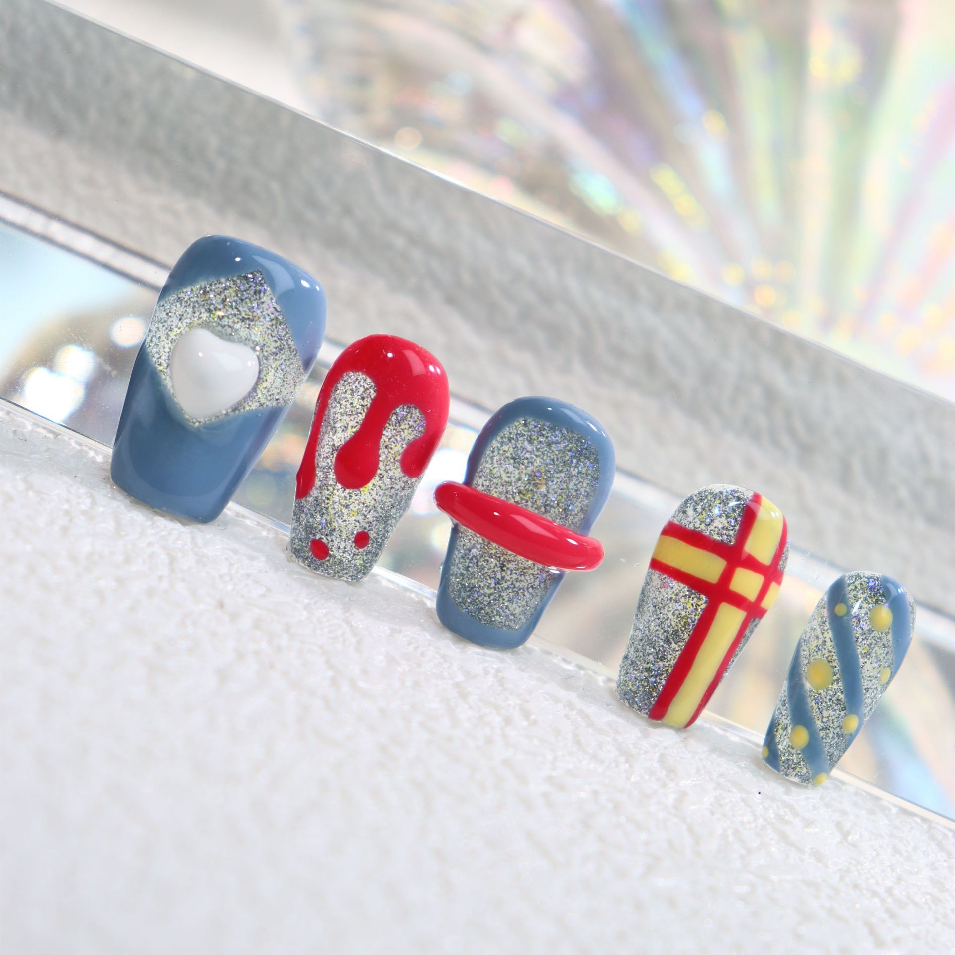 Cartoon creative cream ice cream nail art phototherapy detachable plaid fine glitter hand-wearing nails in stock