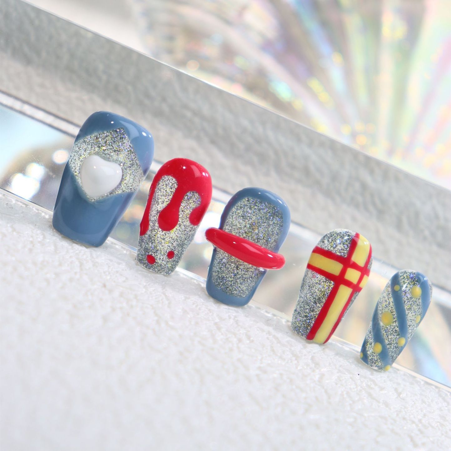 Cartoon creative cream ice cream nail art phototherapy detachable plaid fine glitter hand-wearing nails in stock