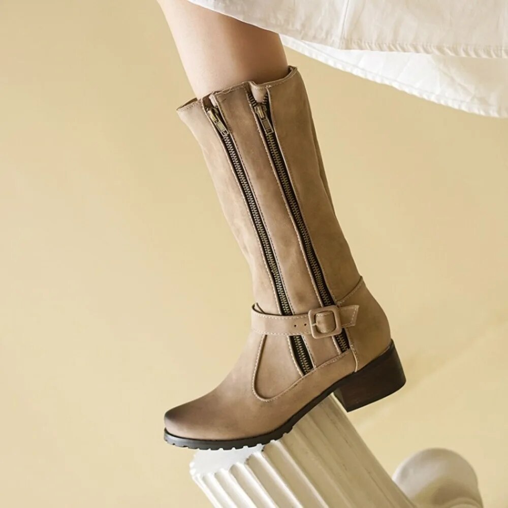 Double Zipper-Mid Calf Boots