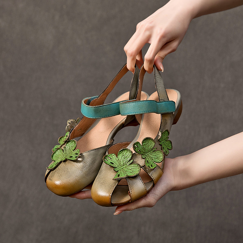 Handmade Genuine Leather Slingback Sandals with Butterfly