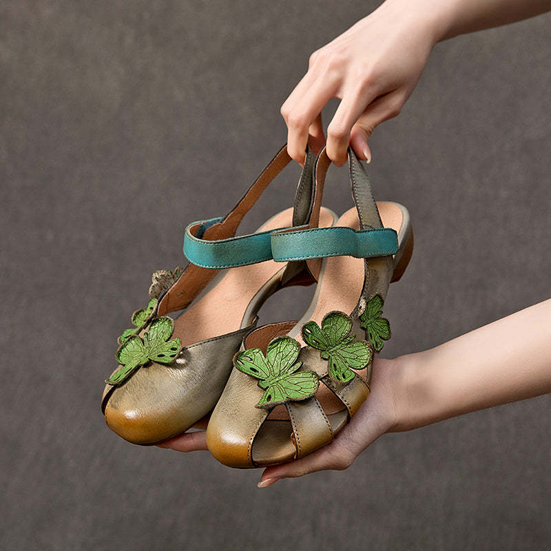 Handmade Genuine Leather Slingback Sandals with Butterfly