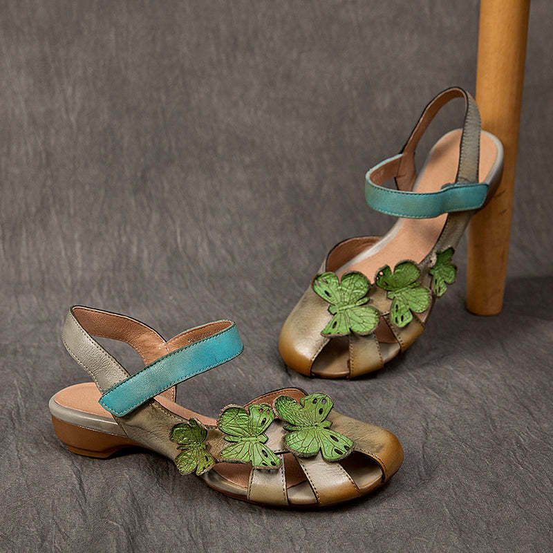 Handmade Genuine Leather Slingback Sandals with Butterfly