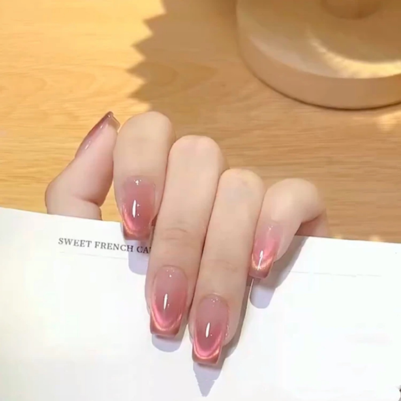 Handmade Cherry Red Blush Ombre Pink Cat Eye Press On Nails