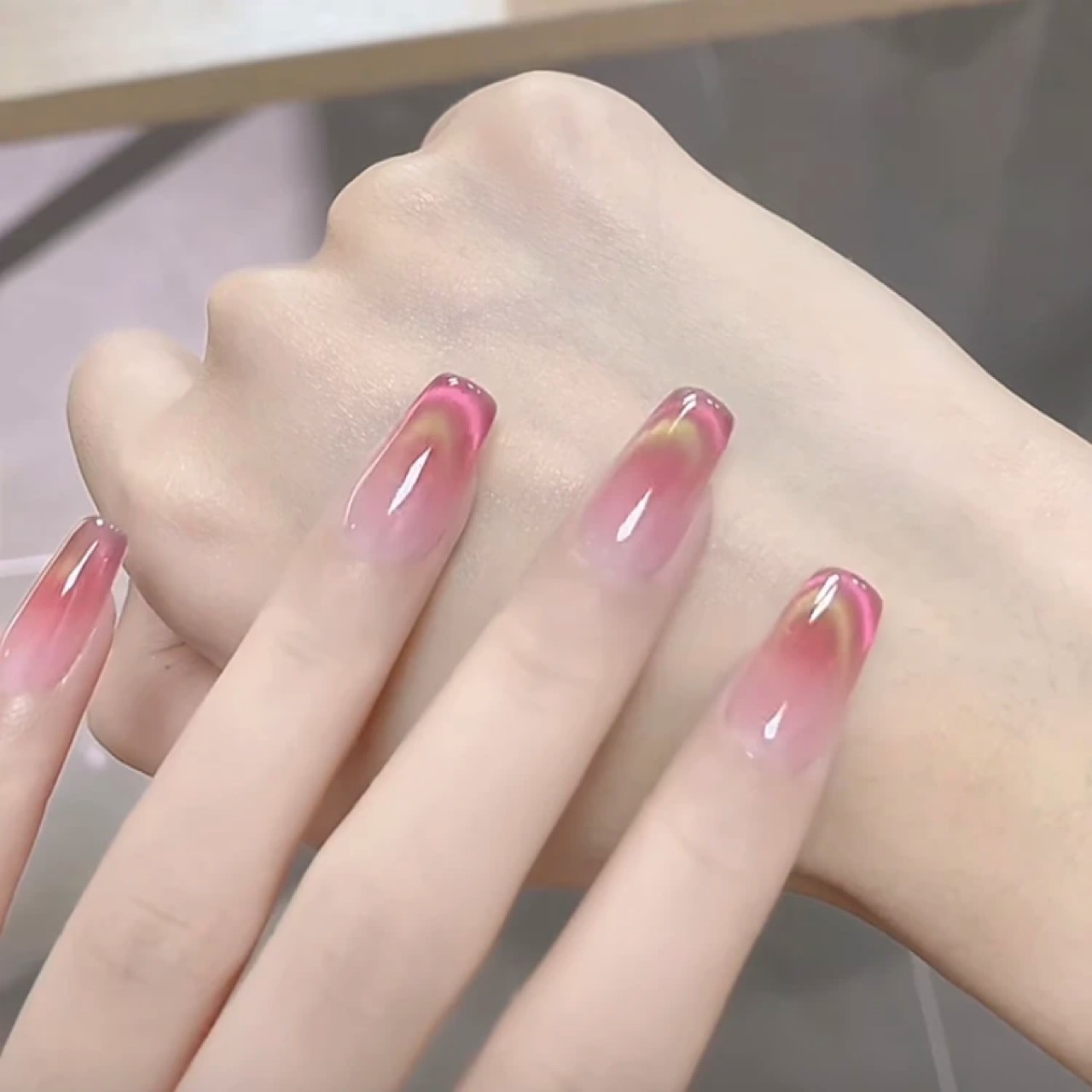 Handmade Cherry Red Blush Ombre Pink Cat Eye Press On Nails