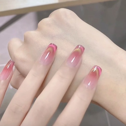 Handmade Cherry Red Blush Ombre Pink Cat Eye Press On Nails