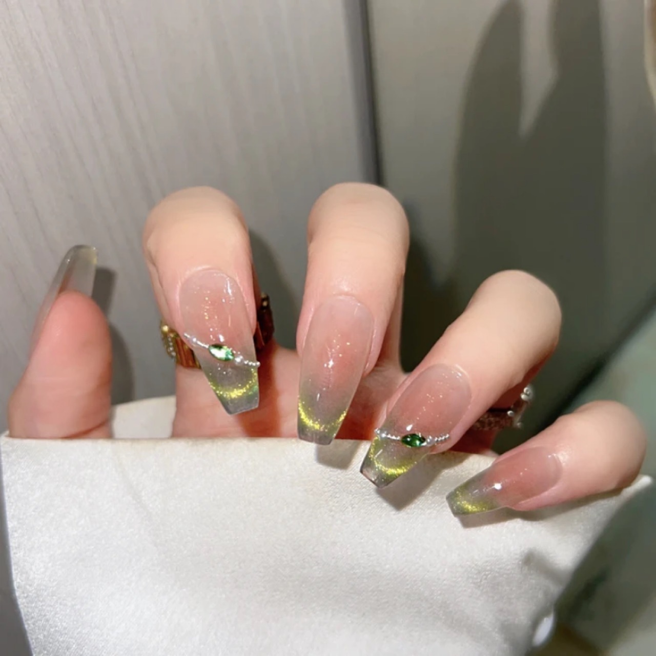 Handmade Pink Blush Ombre Gray Cat Eye Press On Nails