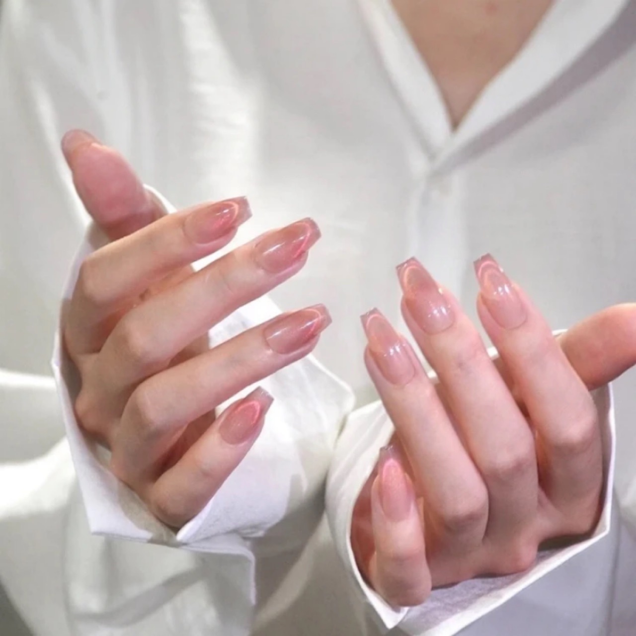 Handmade Cherry Red Blush Ombre Pink Cat Eye Press On Nails