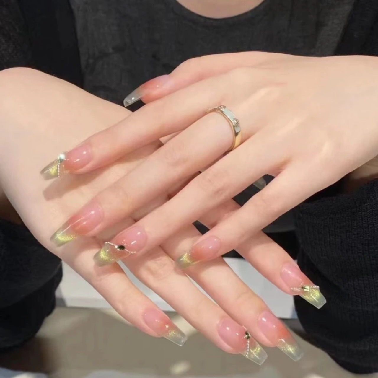 Handmade Pink Blush Ombre Gray Cat Eye Press On Nails