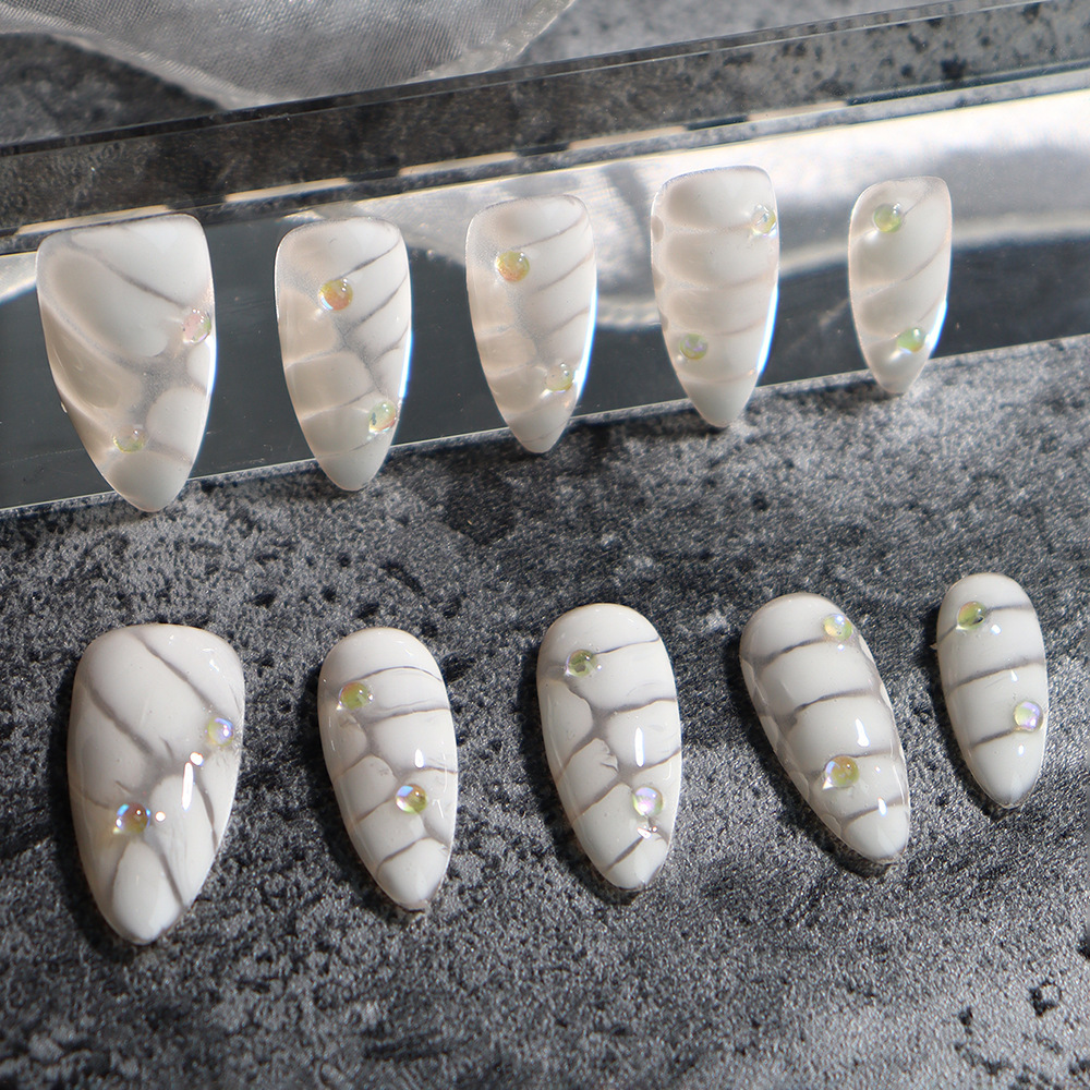  White Marble (Handmade) / 10PCS Nail Set