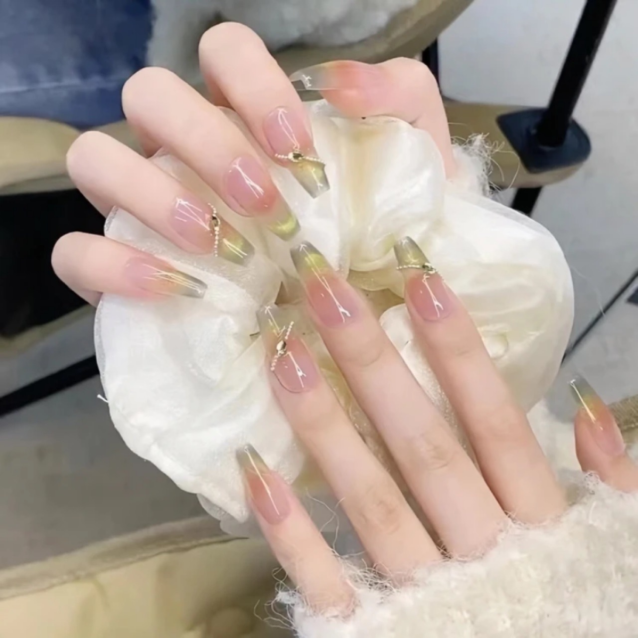 Handmade Pink Blush Ombre Gray Cat Eye Press On Nails