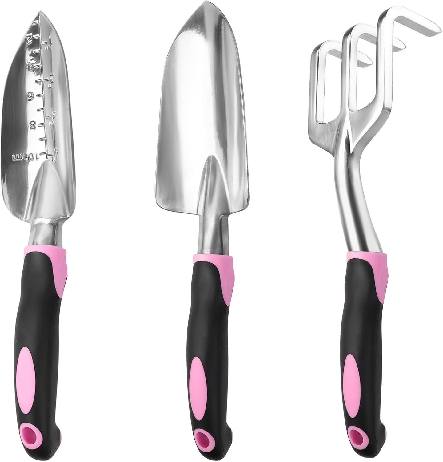 Pink Garden Tool Set, 3 Pack Aluminium Heavy Duty Gartenarbeit Kit enthält Hand Kelle, Transplant Kelle und Kultivator Hand Harke mit ergonomischen rutschfesten Gummigriff, Garten Geschenke