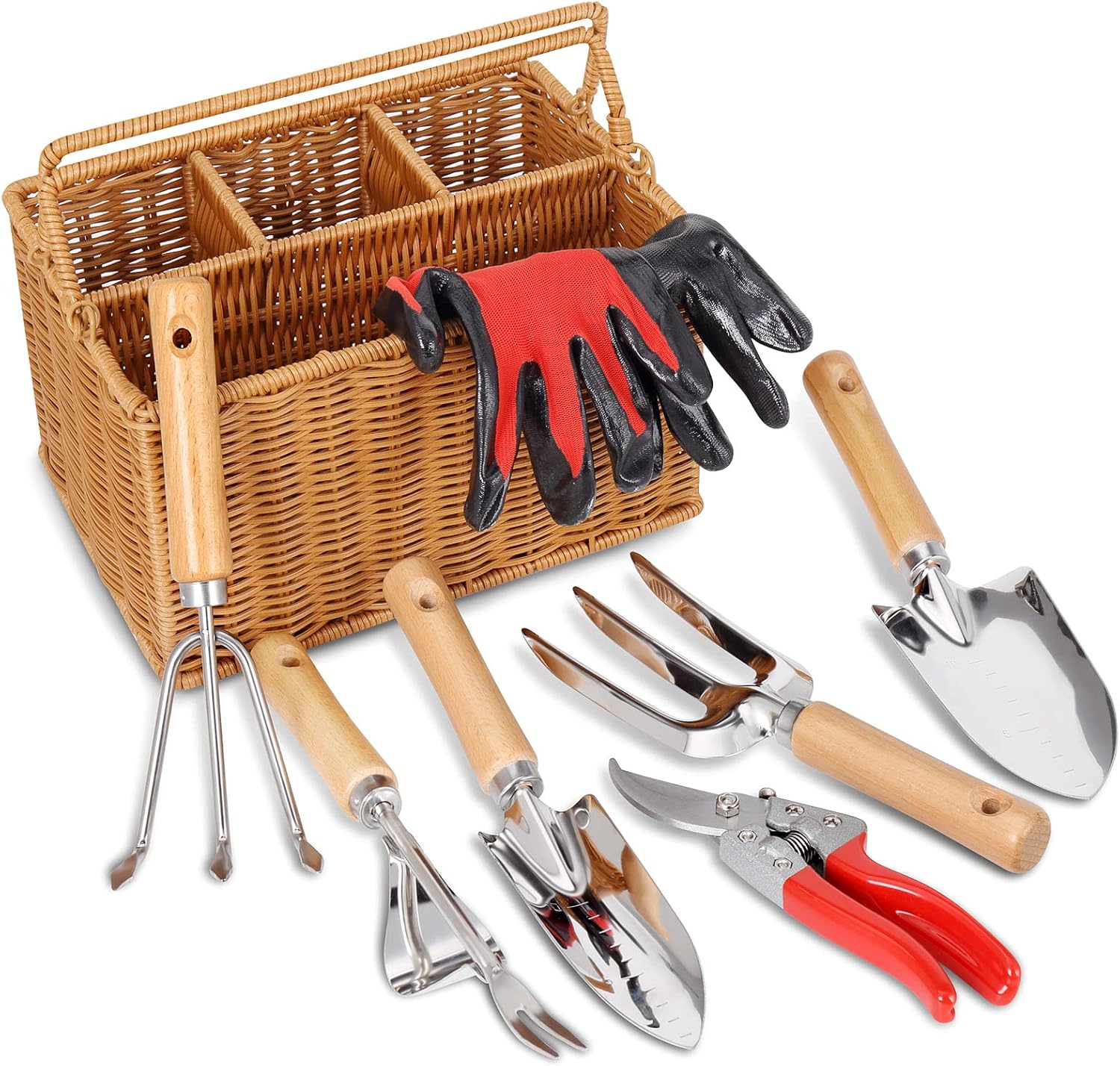 Gartengeräte mit Korb - Gartengeräte-Set mit Gartenschere, Kultivator, Handschuhe - Hochleistungs-Edelstahl-Gartengeräte mit Holzgriff - Gartengeschenke für Frauen Männer