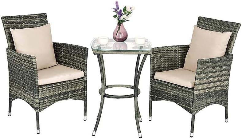 Rattanmöbel-Set, Gartenmöbel mit 2 Stühlen und 1 Rattantisch, Sitzgruppe mit Kissen und Glastischplatte für Terrasse, Garten, Balkon, Hellbraun