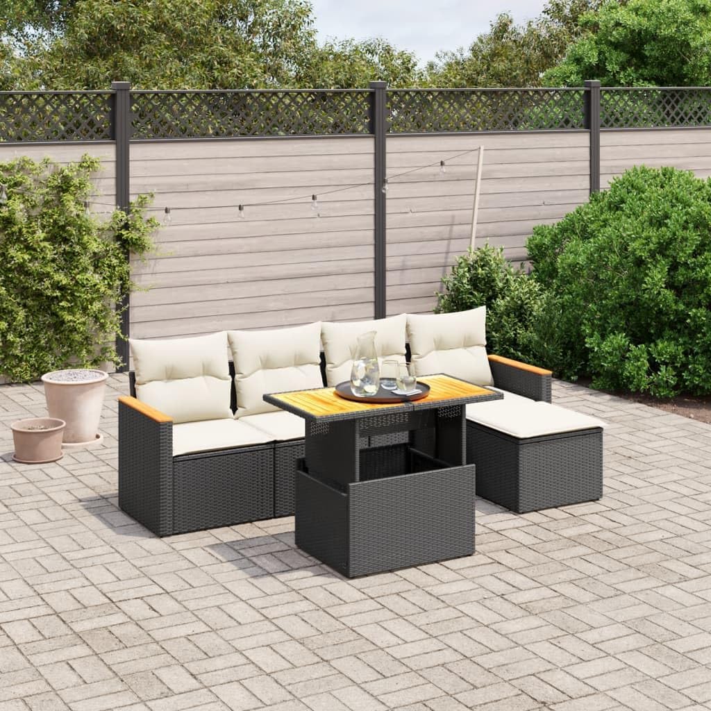 Garten-Lounge-Set, Gartenmöbel, wetterfestes Garten-Sofa-Set, Balkon-Lounge-Set mit verstellbarer Tischplatte, Schwarz und Creme, 6-teiliges Set