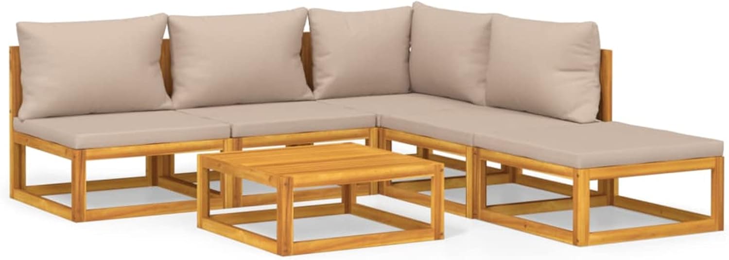 Gartensofa Outdoor Holz 6-teilig Balcony Lounge für kleinen Balkon, Outdoor Lounge Möbel Holz mit Taupe Kissen, Gartenmöbel Set Lounge Holz mit Eckteil + 3 x Mittelteil