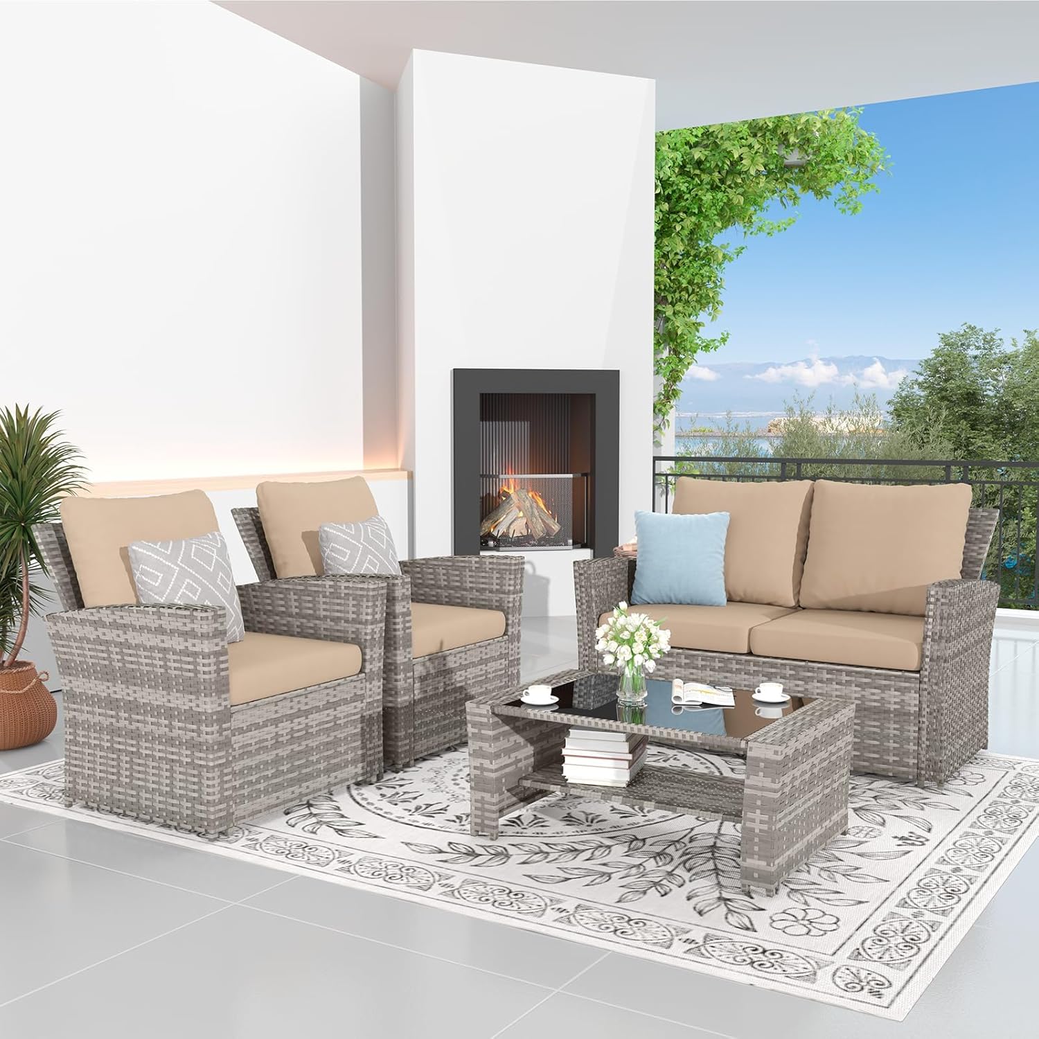 Gartenmöbel Set 4-teilig Rattan Sitz mit Kissen, Terrassenmöbel, Sitzgruppe, 2 Stühle, Sofa & Tisch, für Garten, Balkon & Terrasse, flache Rattanoptik, Beige