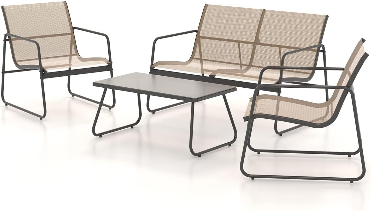 Gartenmöbel-Set 4-teiliges Textilene-Balkonmöbel-Set mit Tisch, Sofa und 2 Stühlen, Stahl, Sitzgarnitur für Garten, Balkon, Outdoor (Braun)