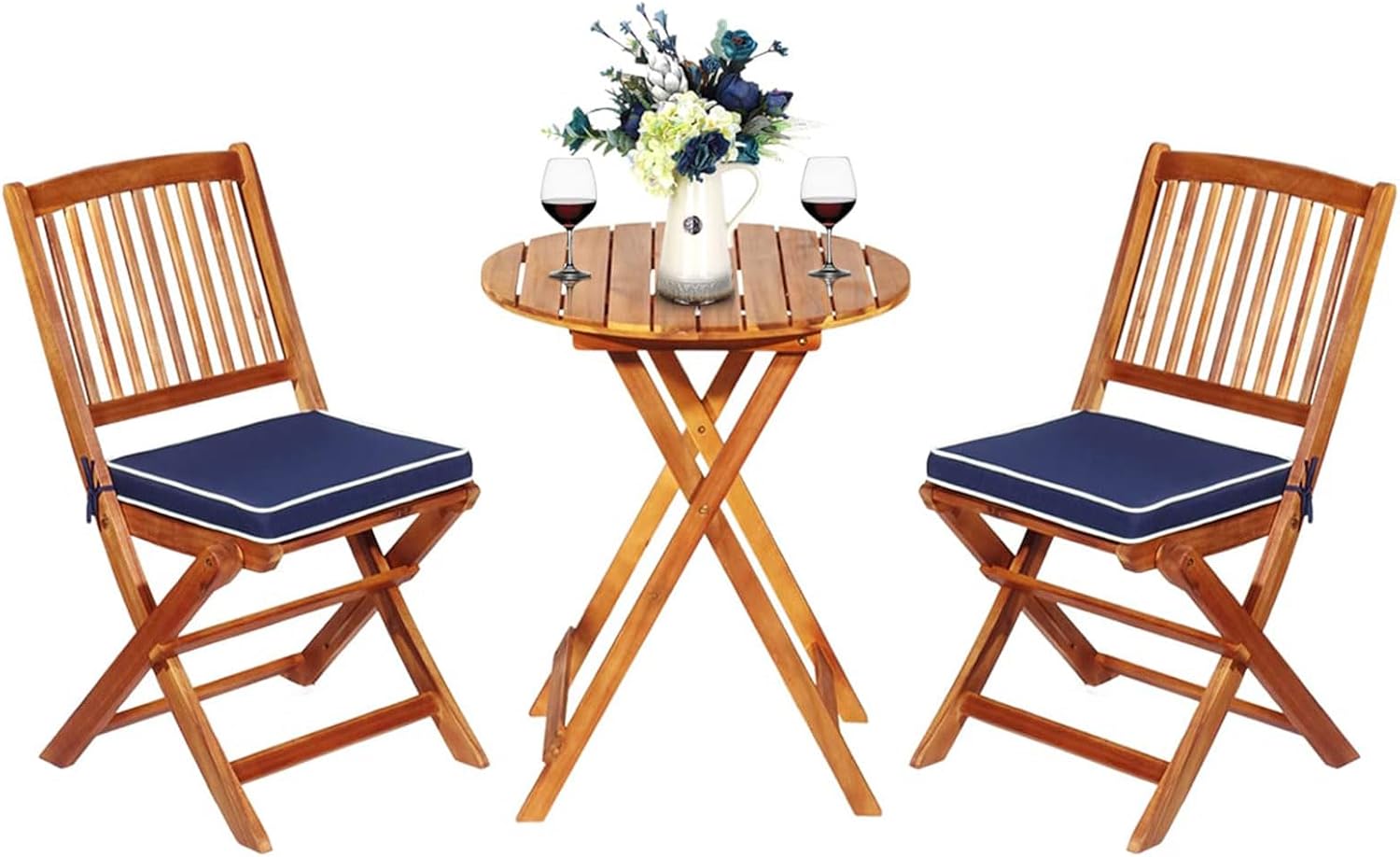 3-teiliges Terrassenmöbel-Set, Gartenmöbel-Set, klappbar mit rundem Tisch und 2 Stühlen, ergonomische Sitzgarnitur aus Akazienholz mit 2 Kissen, Bistro-Set für Balkon, Garten, Terrasse, Hinterhof