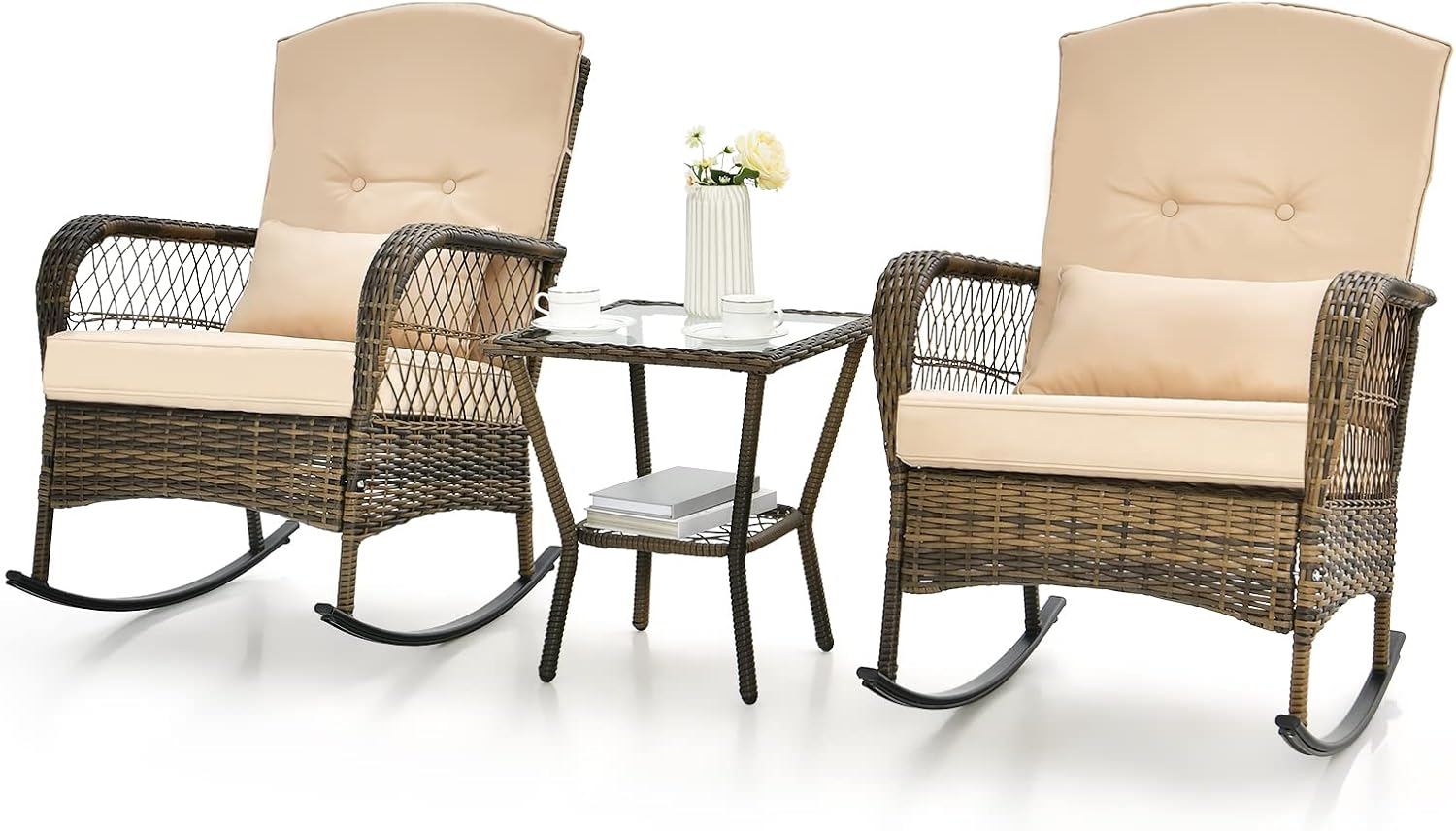 Möbel Schaukelstuhl Set 3-teilig Rattan Gartenmöbel Set 2 Schaukelstühle mit Tisch Terrassenmöbel Set Outdoor Inklusive Kissen Balkonmöbel Kleiner Balkon für 2 Personen