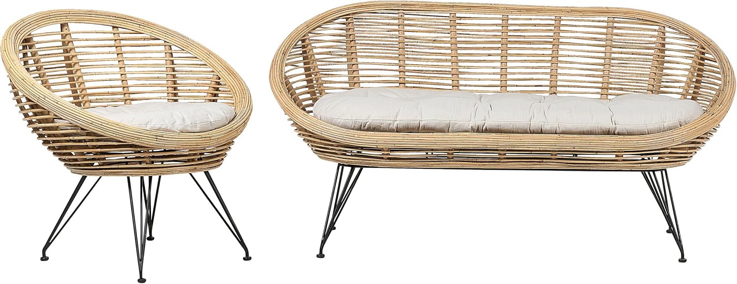 Gartensofa und Sessel Rattan Natur Kissen Beige Metall Beine Schwarz