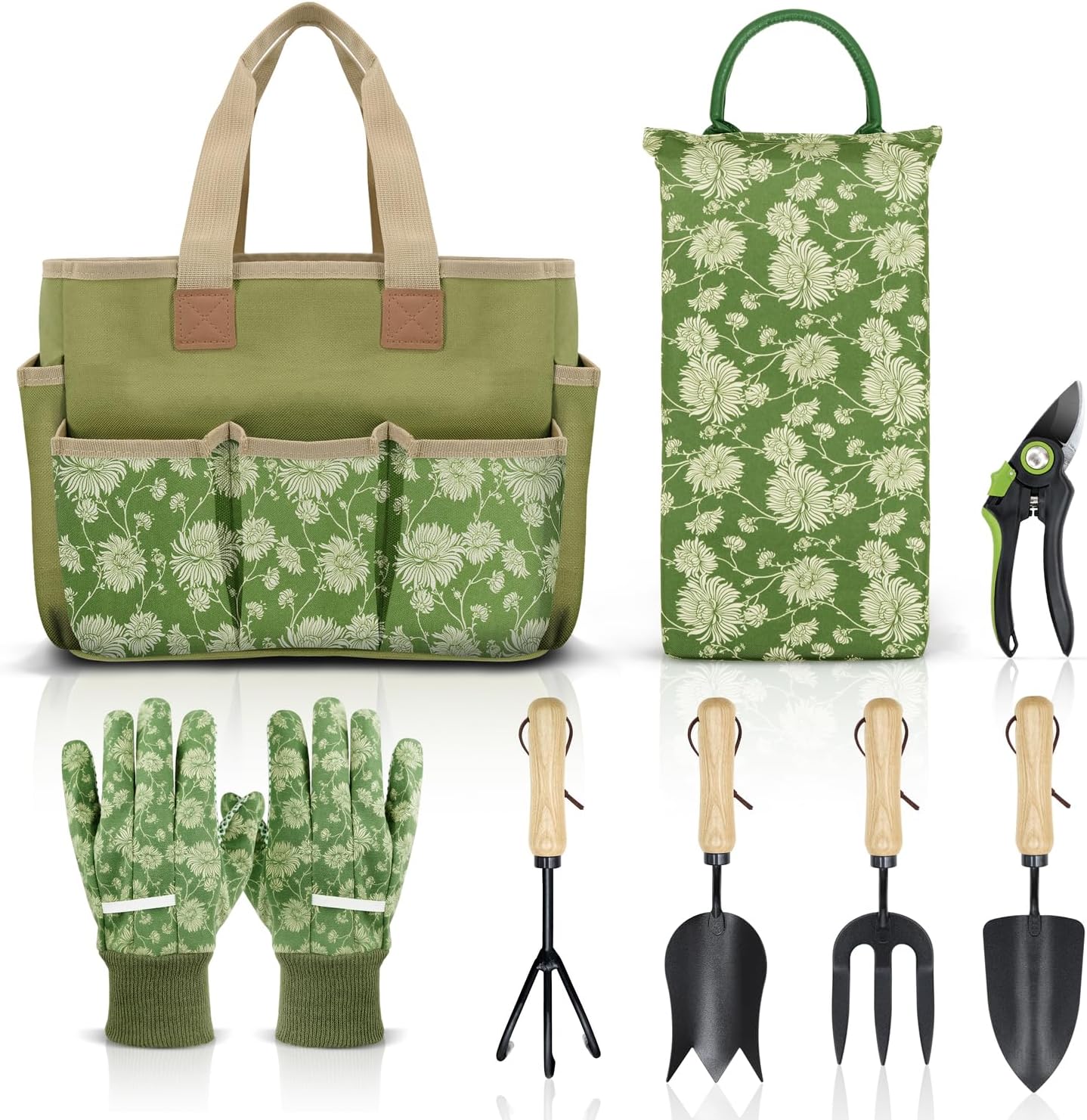 Gartengeräte-Set 8-teilig, Gartenwerkzeuge mit Holzgriff inkl. Gartentasche, Knieschützer, Handschuhe, Gartenschere, Pflanzkelle, Tulpenkelle, Grubber – Gartengeschenke für Männer und Frauen
