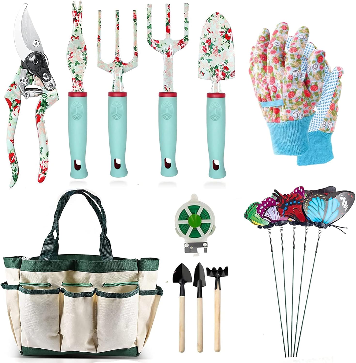16-teiliges Blumengartenwerkzeug-Set, Gartenhandwerkzeug-Geschenkset, Gartengeschenke für Frauen und Männer, mit Gartenschere und Aufbewahrungstasche, Gartenzubehör Geschenk