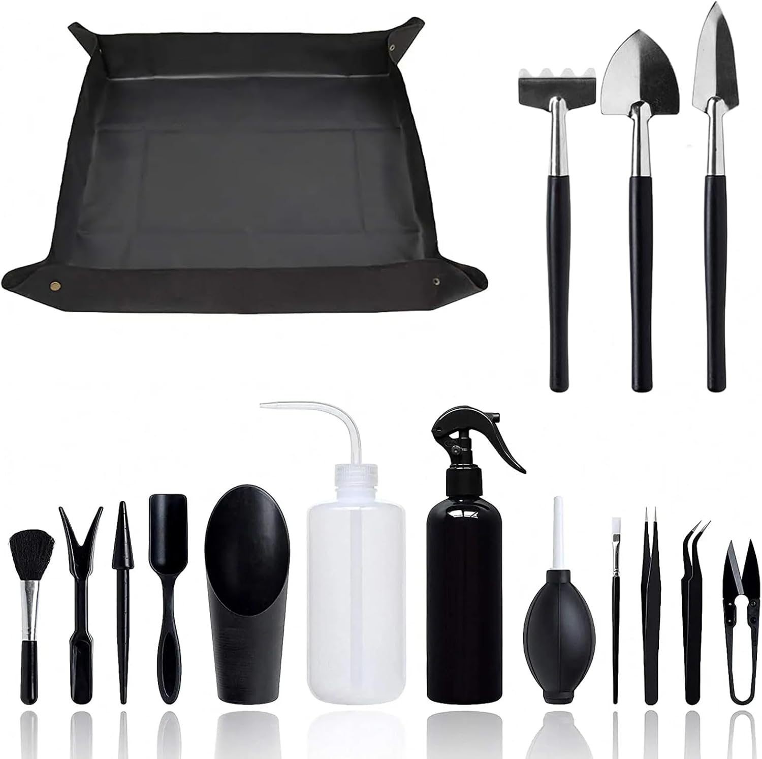 16 Stück Umtopfmatte, wasserdichte Gartenmatte, Pflanzmatte 75x75cm, Pflanzmatte mit Mini-Gartenwerkzeug-Set für Gartenarbeit, Haus, Baumschule, Töpfe, Sukkulenten (Schwarz)