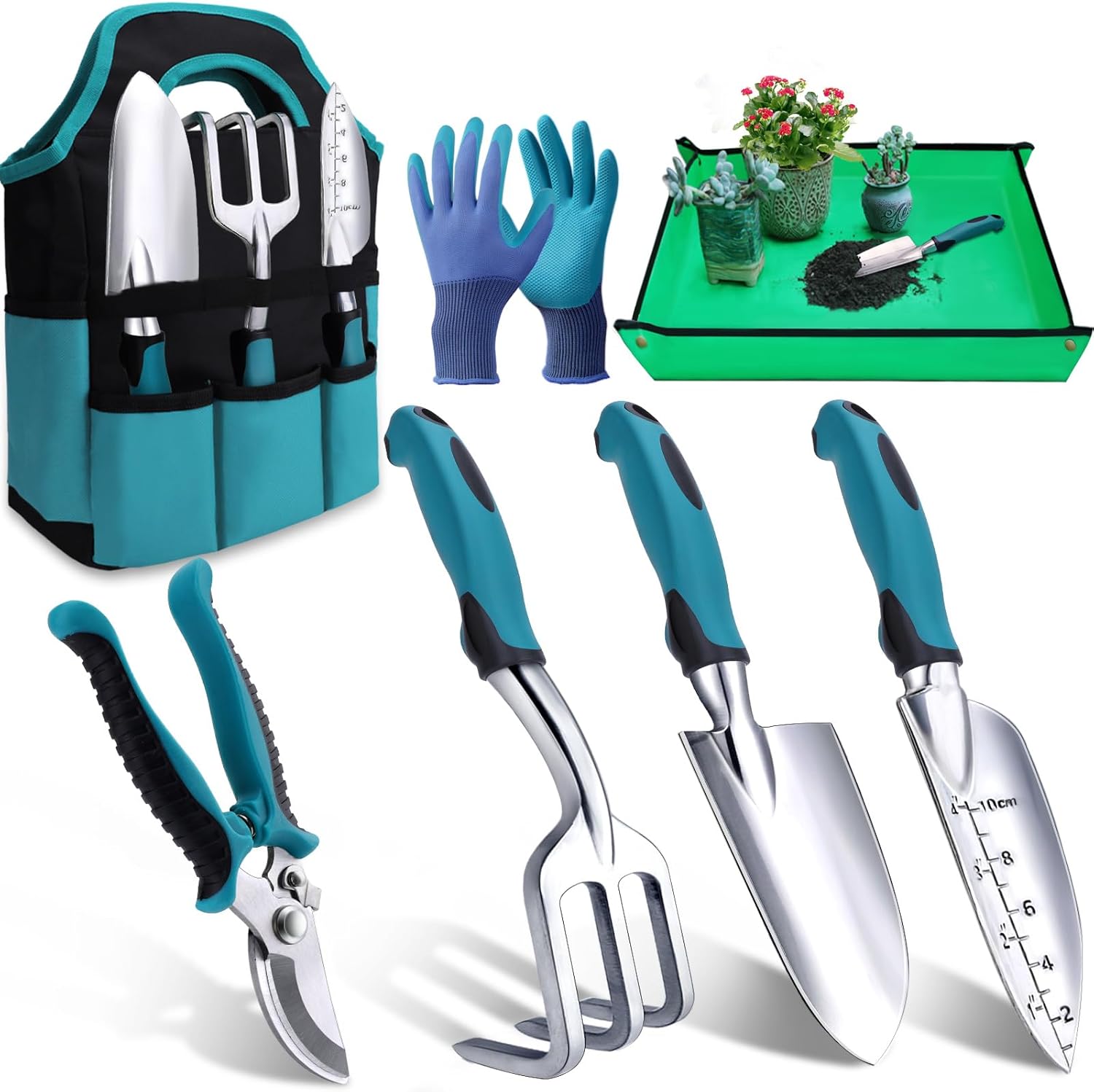 Gartenwerkzeug-Set, 7-teilig, Gartenhandwerkzeuge, Gartenset mit robuster Aufbewahrungstasche, ergonomischer rutschfester Griff, ideale Gartengeschenke für Frauen und Männer