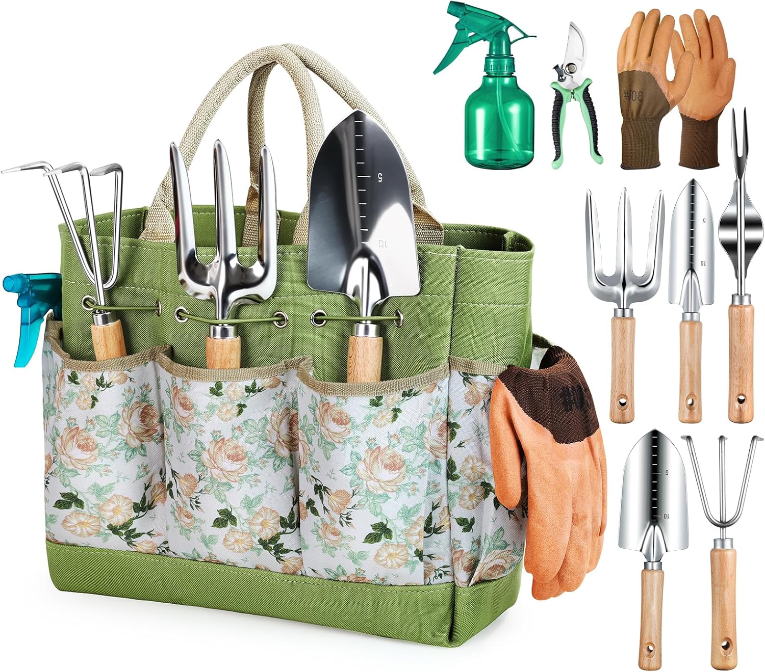 Gartenwerkzeug-Set, 9-teiliges Gartenwerkzeug mit Gartenwerkzeug-Organizer-Handtasche, stabiles Gartenwerkzeug-Set, ideale Gartengeschenke für Frauen für Gartenliebhaber