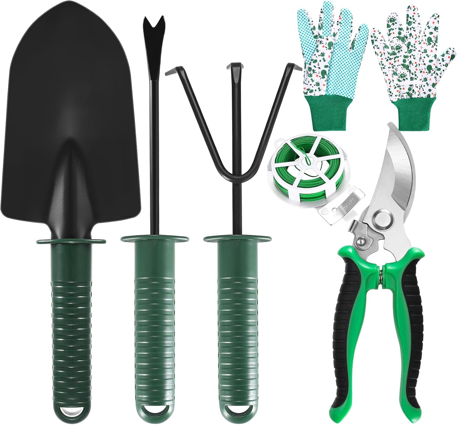 6-teiliges Gartenwerkzeug-Set, Gartenwerkzeug-Set aus Edelstahl, inklusive Handkelle, Umpflanz-Grubber, Gartenschere, Handschuhen und 30 m Garten-Twist-Kabelbinder