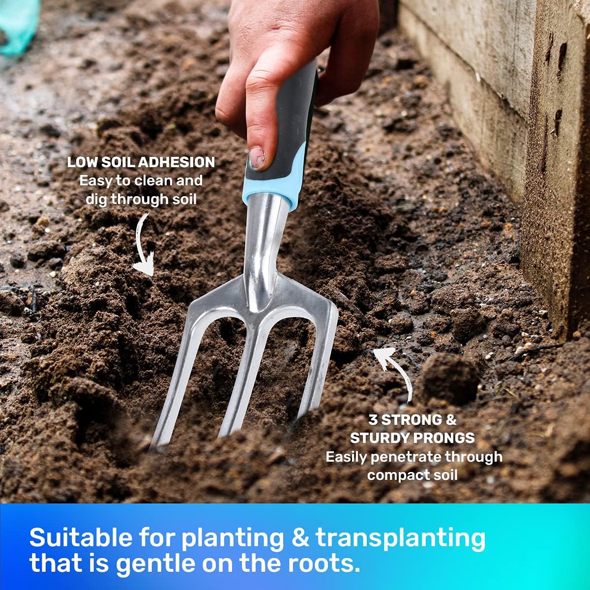 Hochleistungs-Gartengabel mit ergonomisch geformtem Griff, der die Ermüdung von Hand und Handgelenk verringert, ideal zum Graben, Pflanzen und Umpflanzen, 28 cm