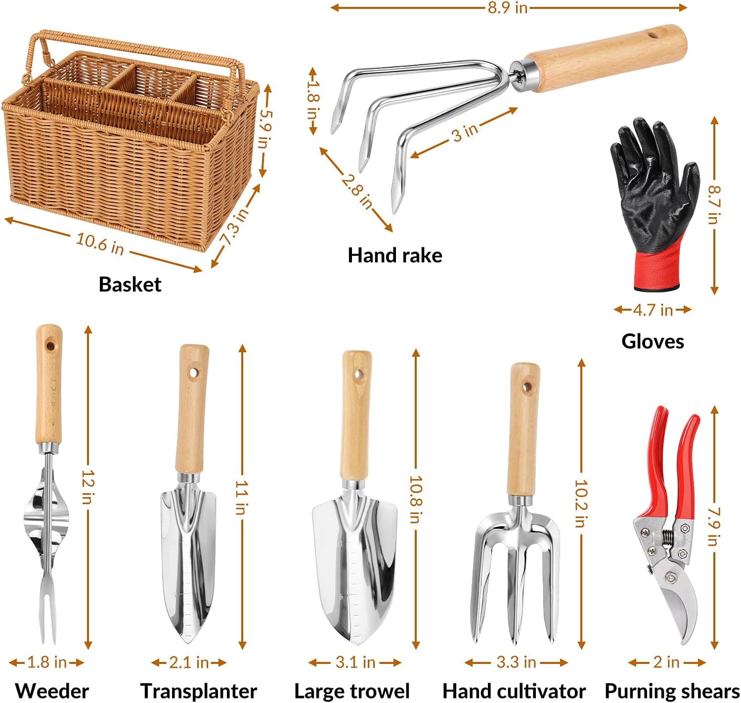 Gartengeräte mit Korb - Gartengeräte-Set mit Gartenschere, Kultivator, Handschuhe - Hochleistungs-Edelstahl-Gartengeräte mit Holzgriff - Gartengeschenke für Frauen Männer