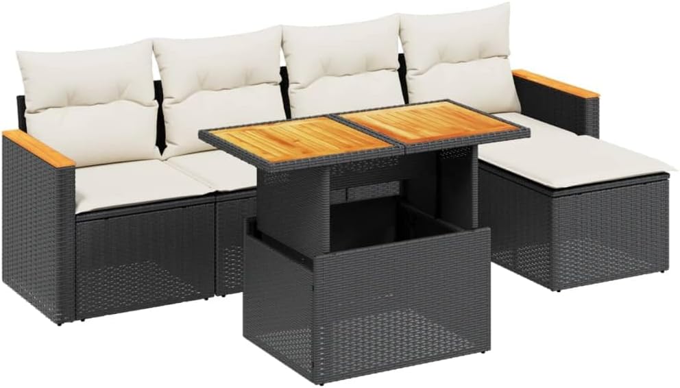 Garten-Lounge-Set, Gartenmöbel, wetterfestes Garten-Sofa-Set, Balkon-Lounge-Set mit verstellbarer Tischplatte, Schwarz und Creme, 6-teiliges Set