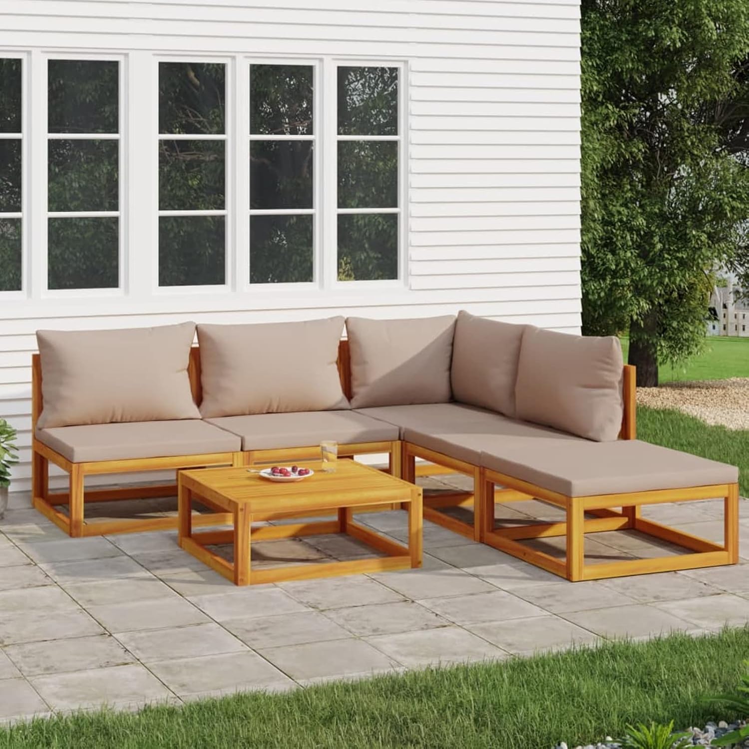 Gartensofa Outdoor Holz 6-teilig Balcony Lounge für kleinen Balkon, Outdoor Lounge Möbel Holz mit Taupe Kissen, Gartenmöbel Set Lounge Holz mit Eckteil + 3 x Mittelteil